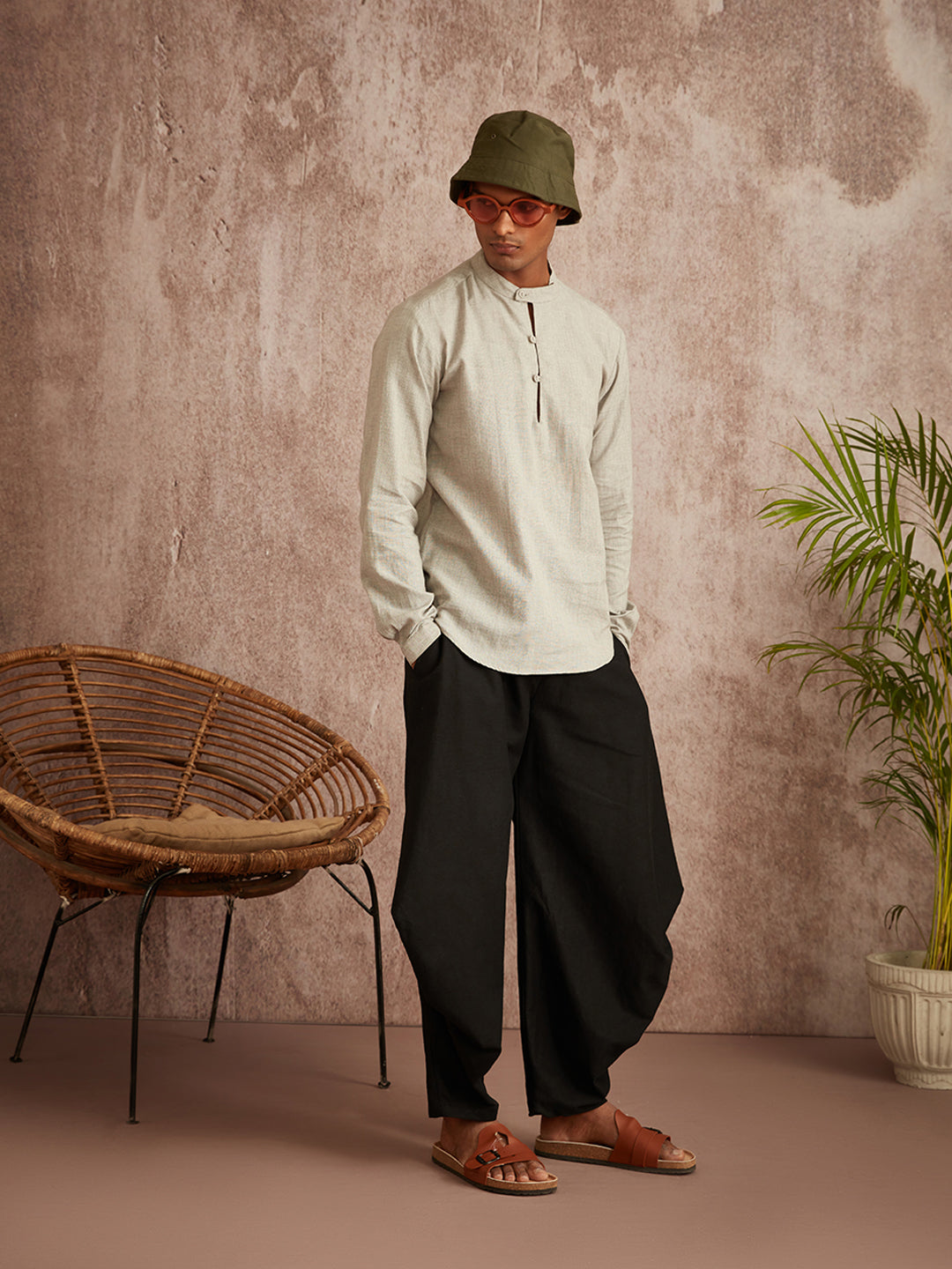 Extended mandarin collar shirt-  grey