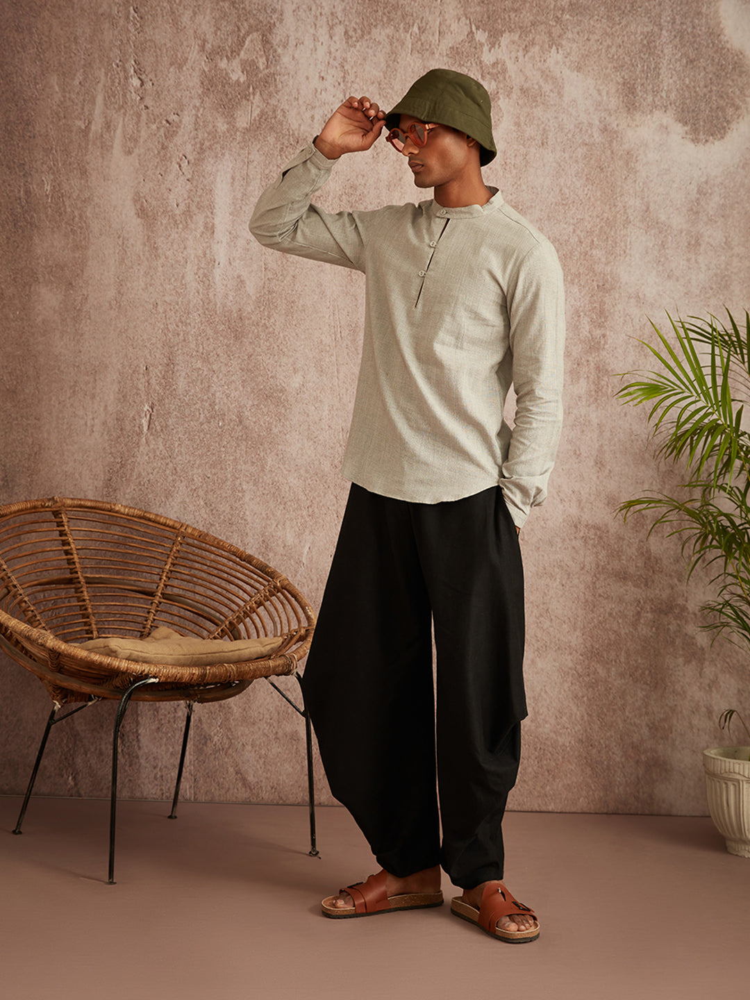 Extended mandarin collar shirt-  grey