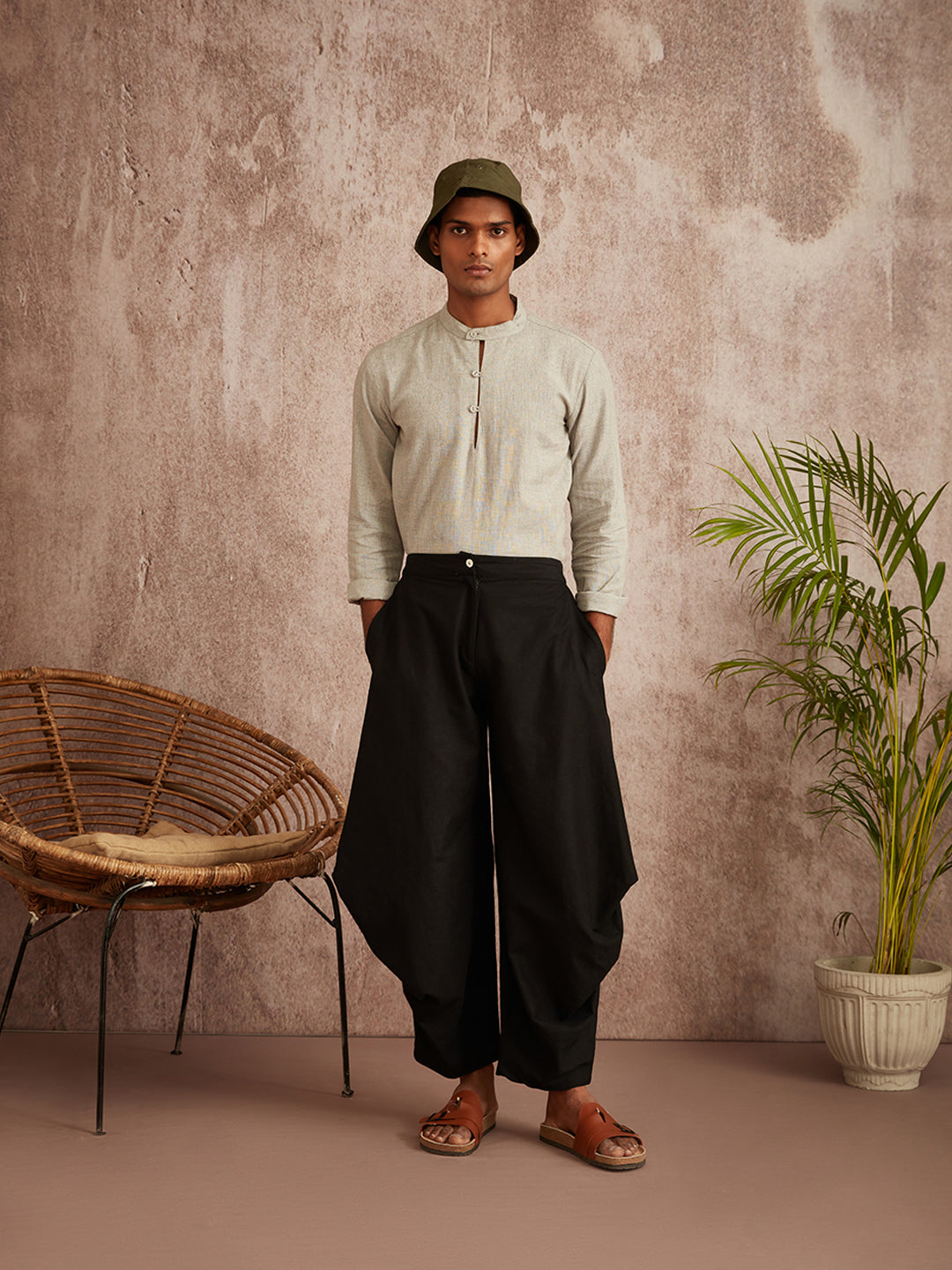 Extended mandarin collar shirt-  grey