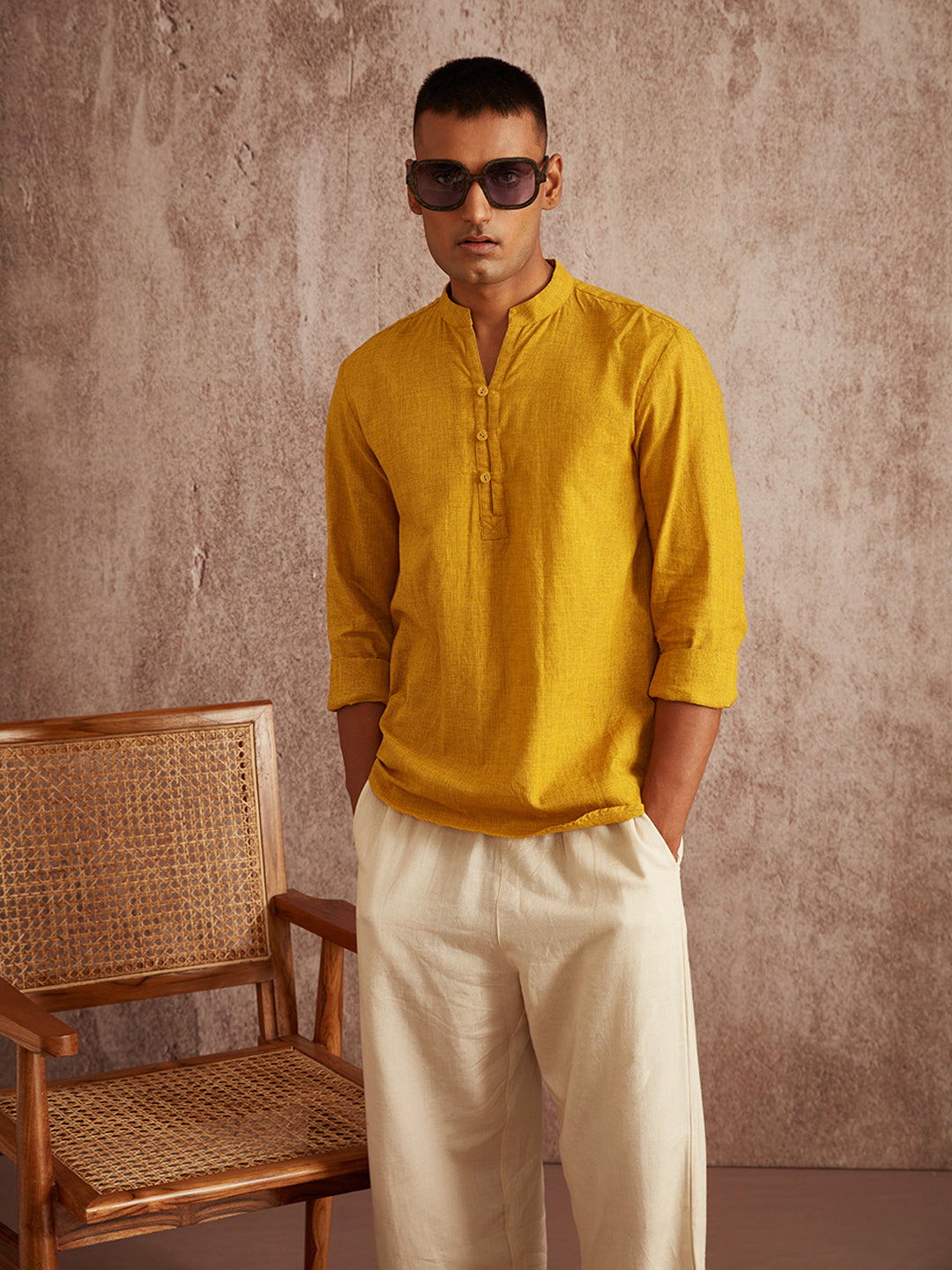 Extended mandarin collar shirt- Mustard Green