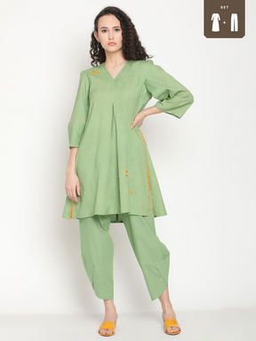 Fern Green Flared Kurta With Overlap Hem Pants