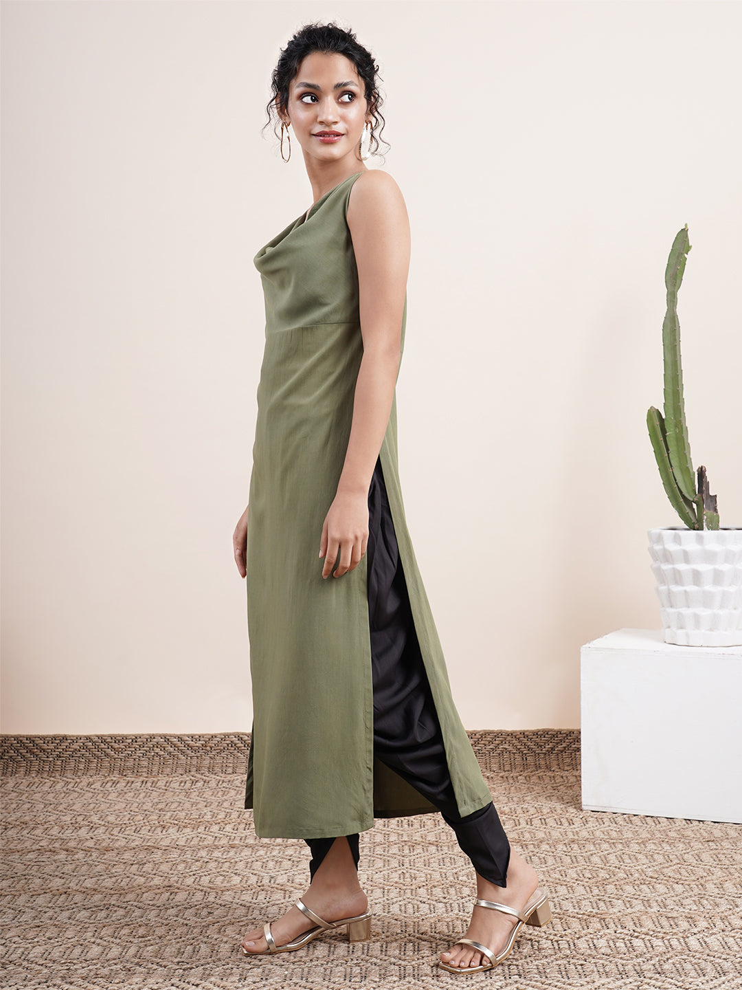 Olive Straight cowl neck Kurta paired with dhoti pants