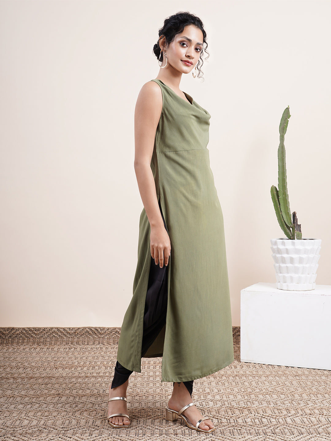 Olive Straight cowl neck Kurta paired with dhoti pants