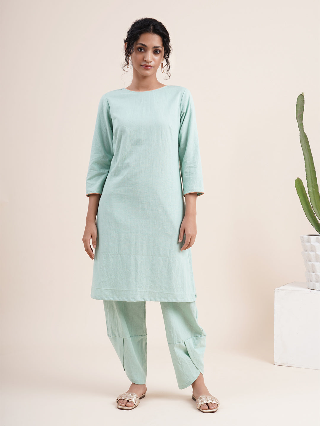 Mint Green Kurta with back V-Neck & overlapped hem pants