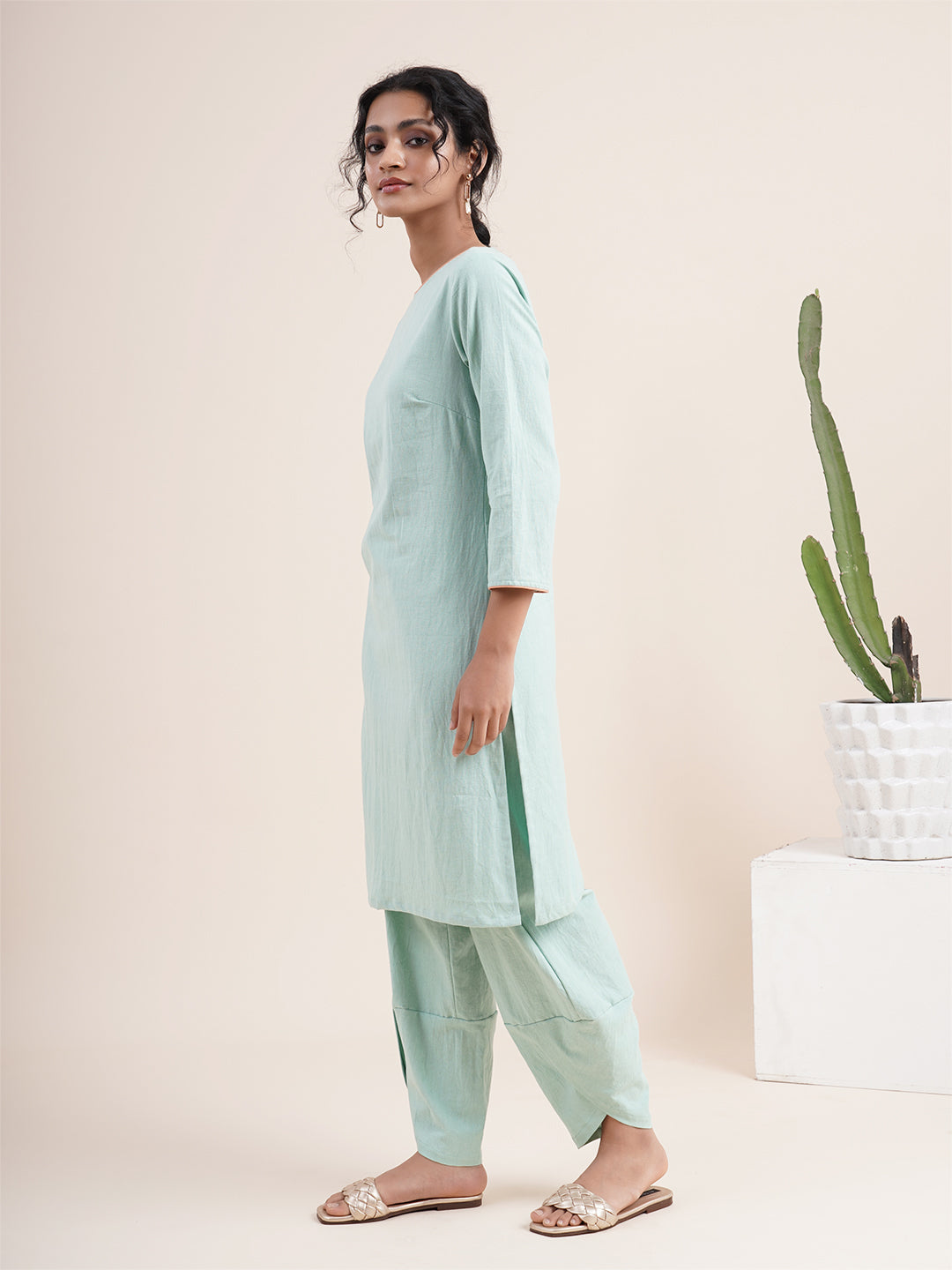 Mint Green Kurta with back V-Neck & overlapped hem pants