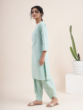 Mint Green Kurta with back V-Neck & overlapped hem pants