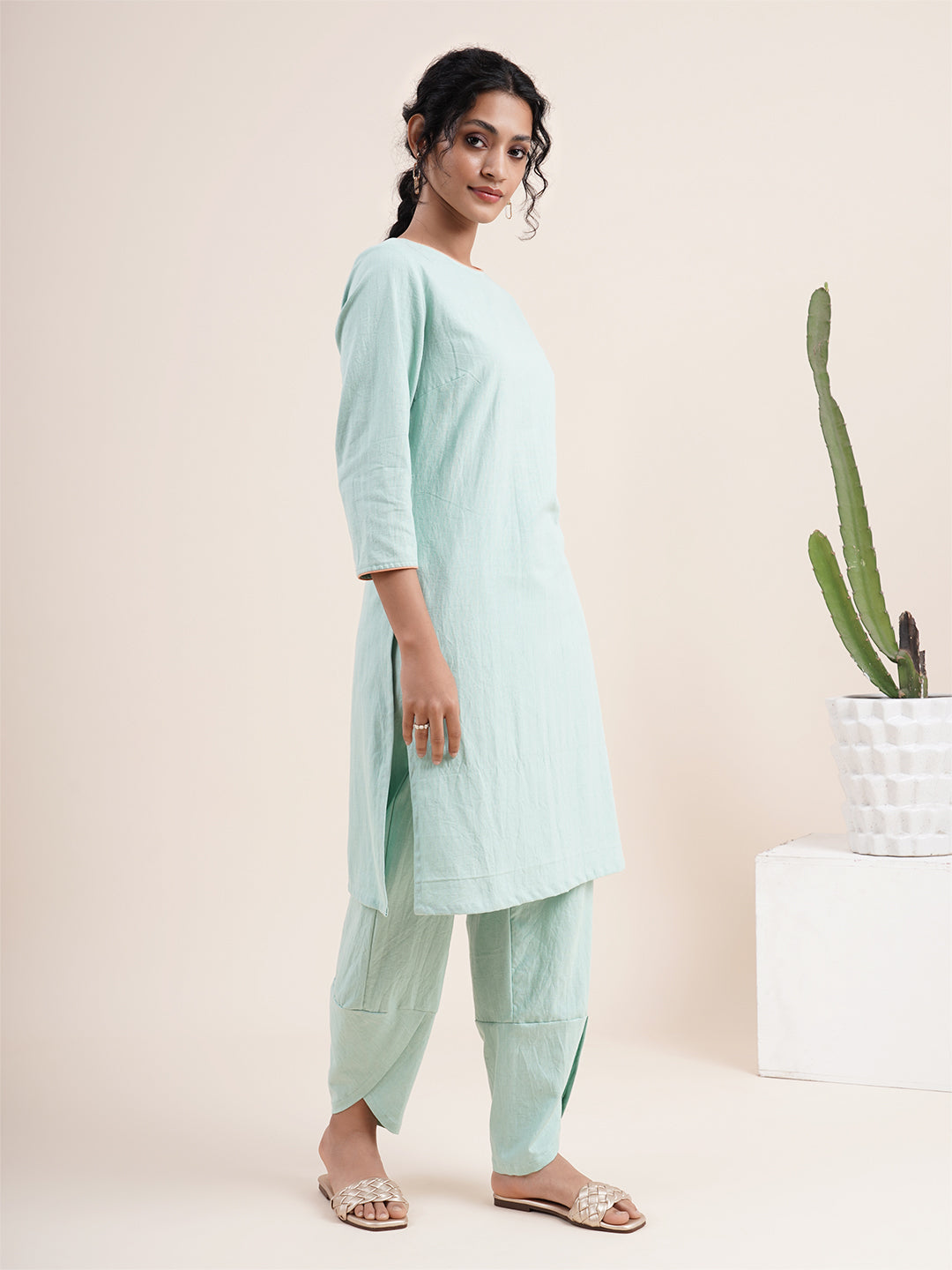 Mint Green Kurta with back V-Neck & overlapped hem pants