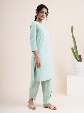 Mint Green Kurta with back V-Neck & overlapped hem pants