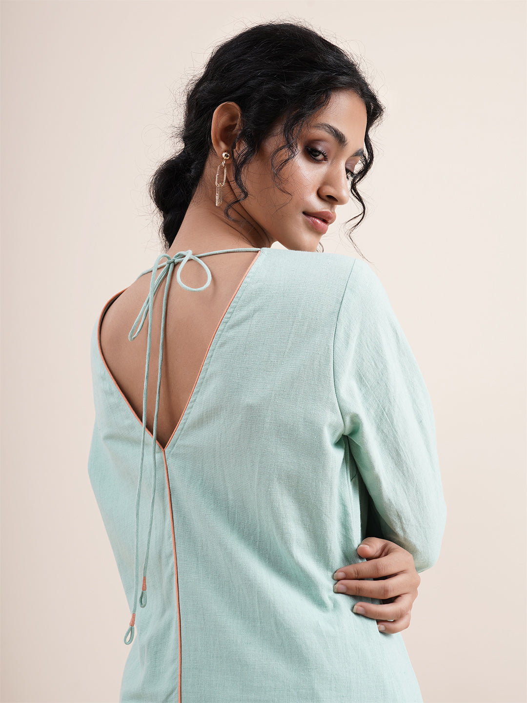 Mint Green Kurta with back V-Neck & overlapped hem pants