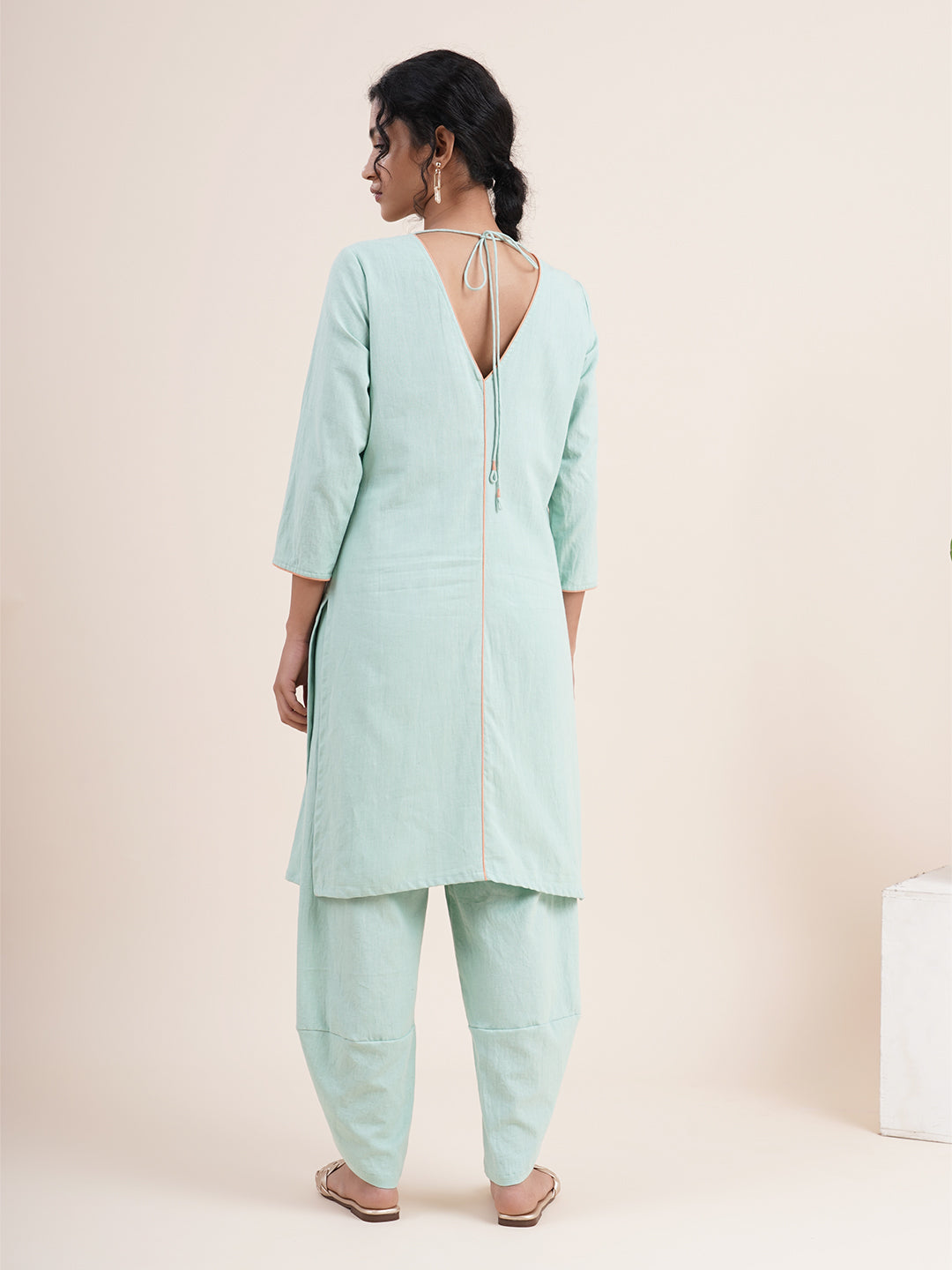 Mint Green Kurta with back V-Neck & overlapped hem pants
