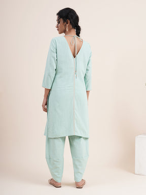 Mint Green Kurta with back V-Neck & overlapped hem pants