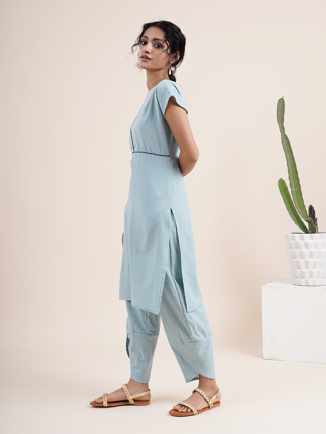 Sky Blue Drop shoulder kurta paired with overlapped hem pants