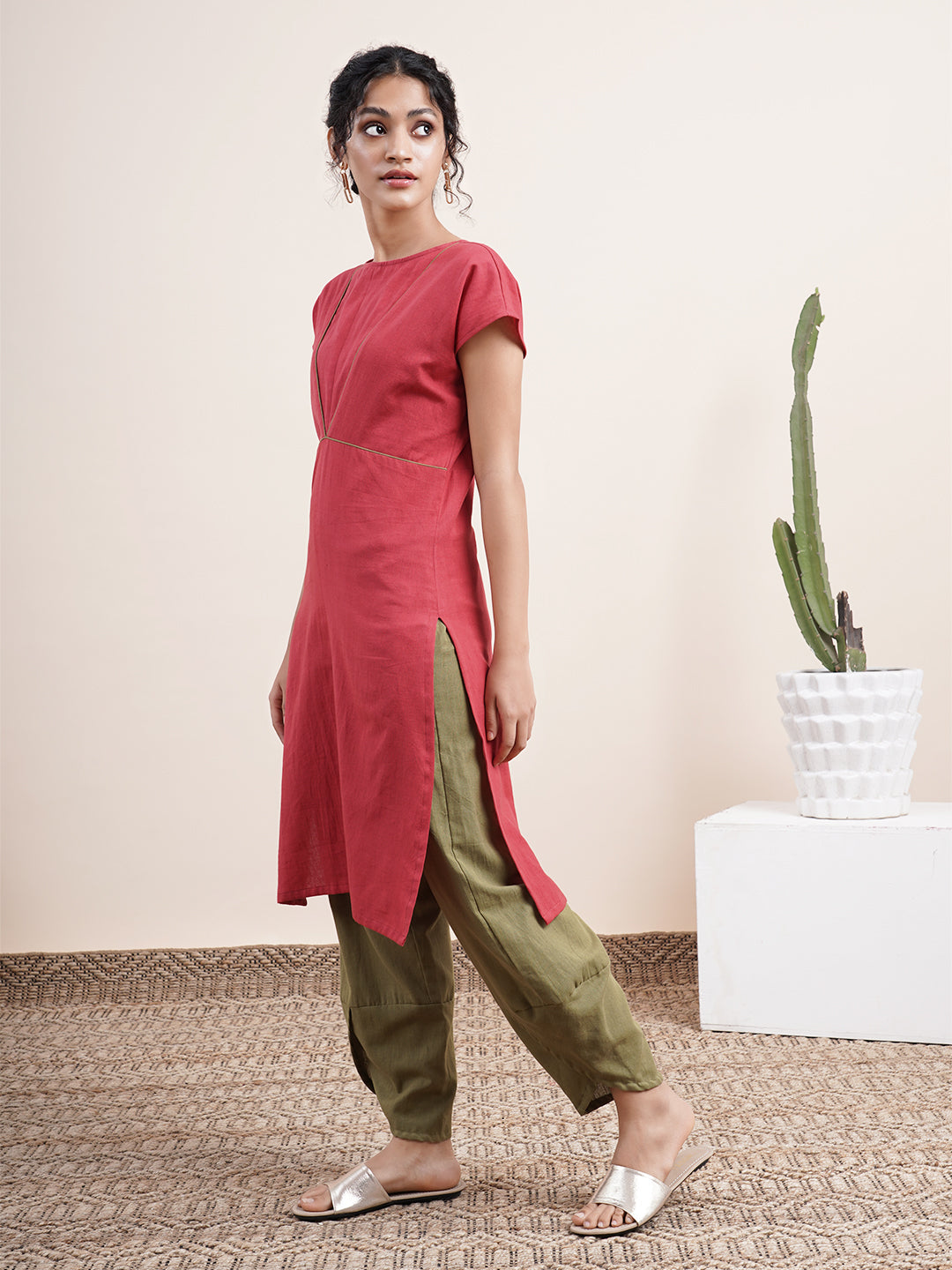 Maroon Drop shoulder kurta paired with overlapped hem pants