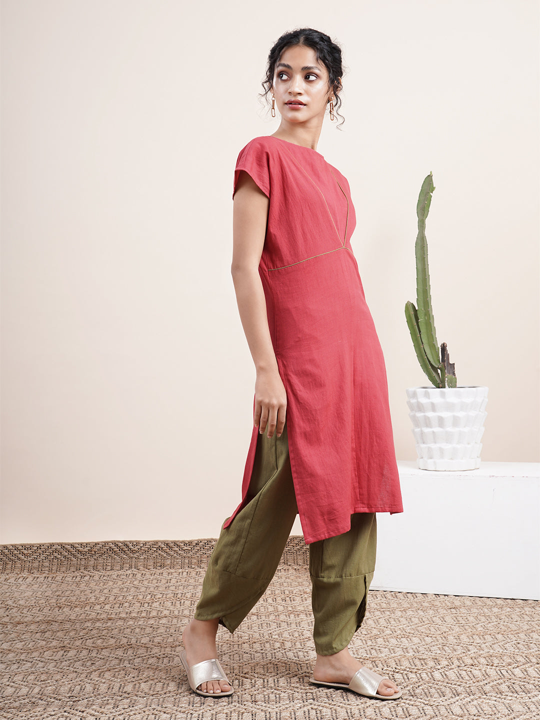 Maroon Drop shoulder kurta paired with overlapped hem pants