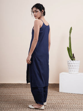 Navy Blue Kurta paired with overlapped hem pants