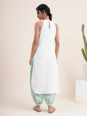 White High low Kurta paired with pathani pants