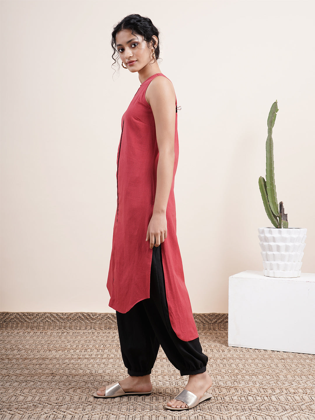 Maroon High low Kurta paired with pathani pants