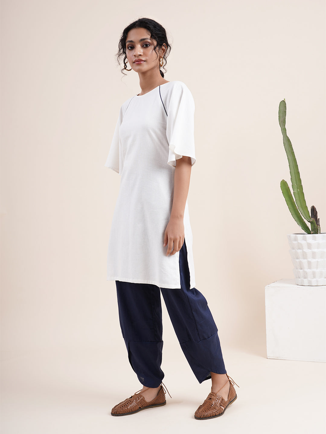 White Butterfly sleeved kurta with overlapped hem pants
