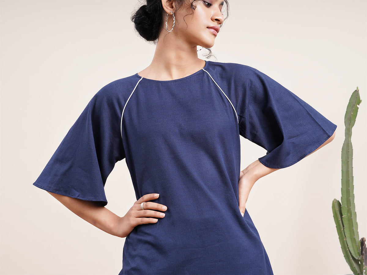 Navy Blue Butterfly sleeved kurta with overlapped hem pants