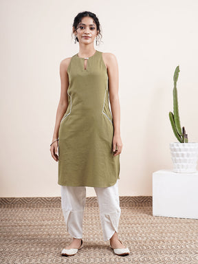 Olive keyhole kurta, paired with overlapped hem pants