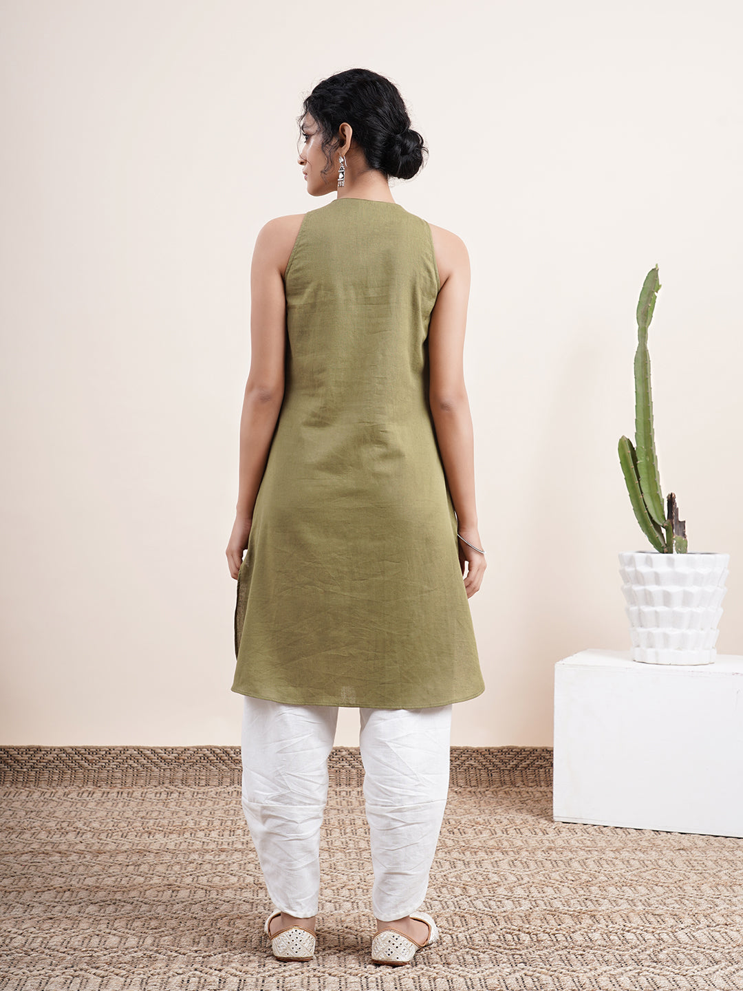 Olive keyhole kurta, paired with overlapped hem pants