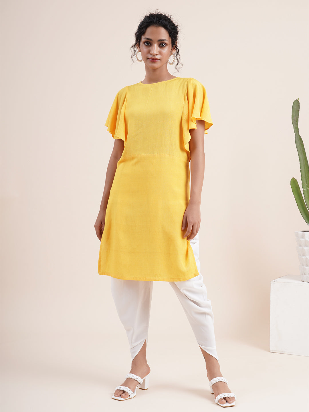 Yellow Butterfly sleeved kurta paired with dhoti pants