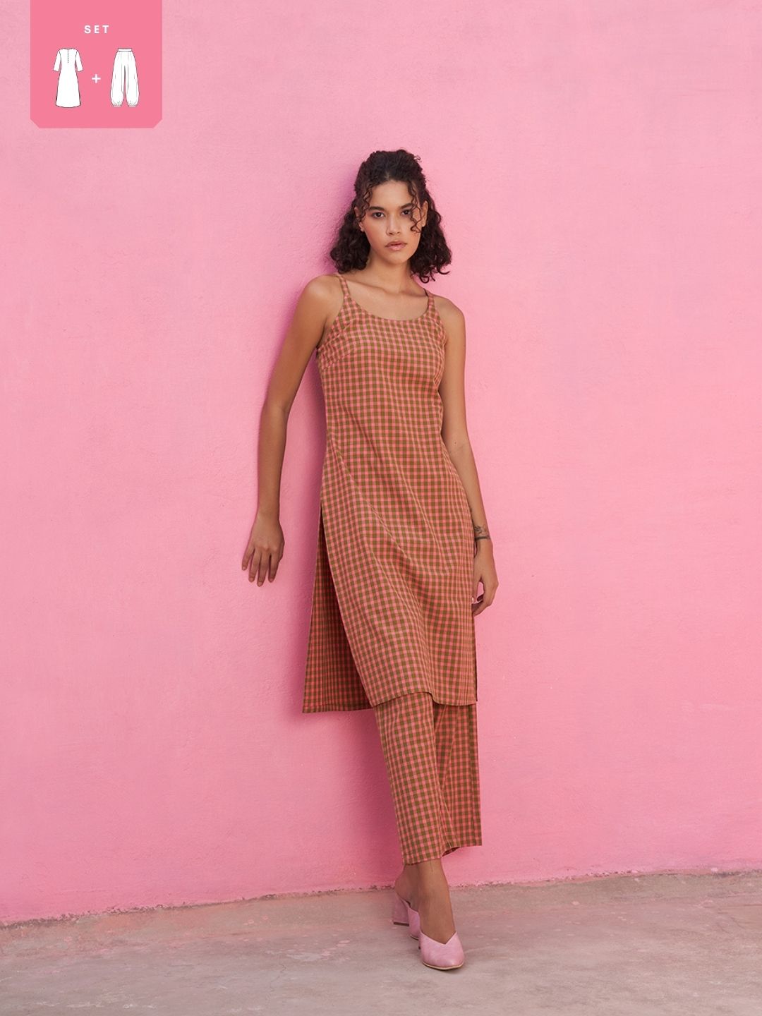 Strappy Gingham Checks Kurta with Straight Pants