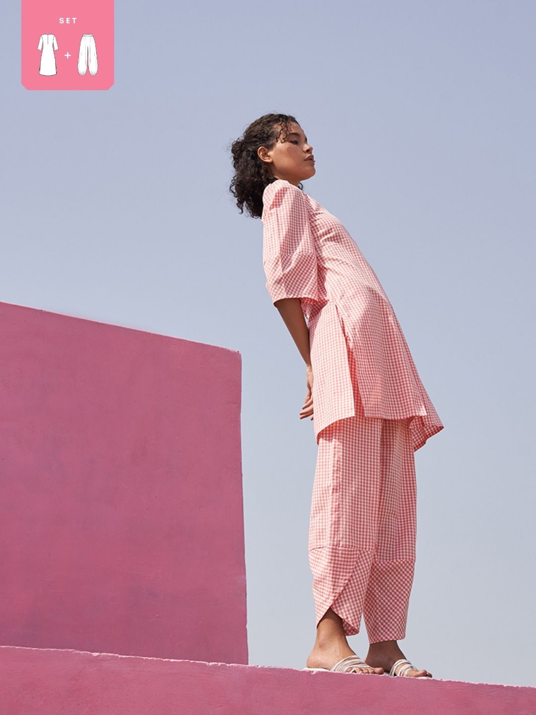 Box Pleat Gingham Checks Kurta Set