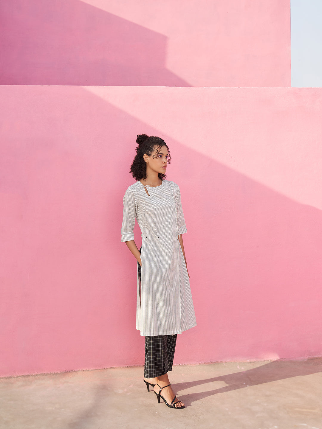 Kantha Stripe Kurta with Keyhole neckline