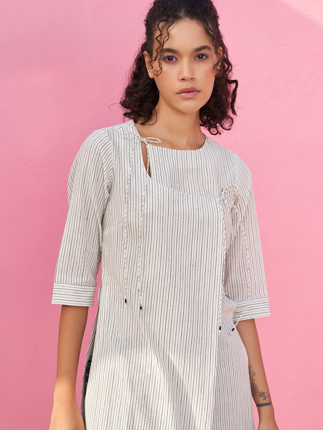 Kantha Stripe Kurta with Keyhole neckline