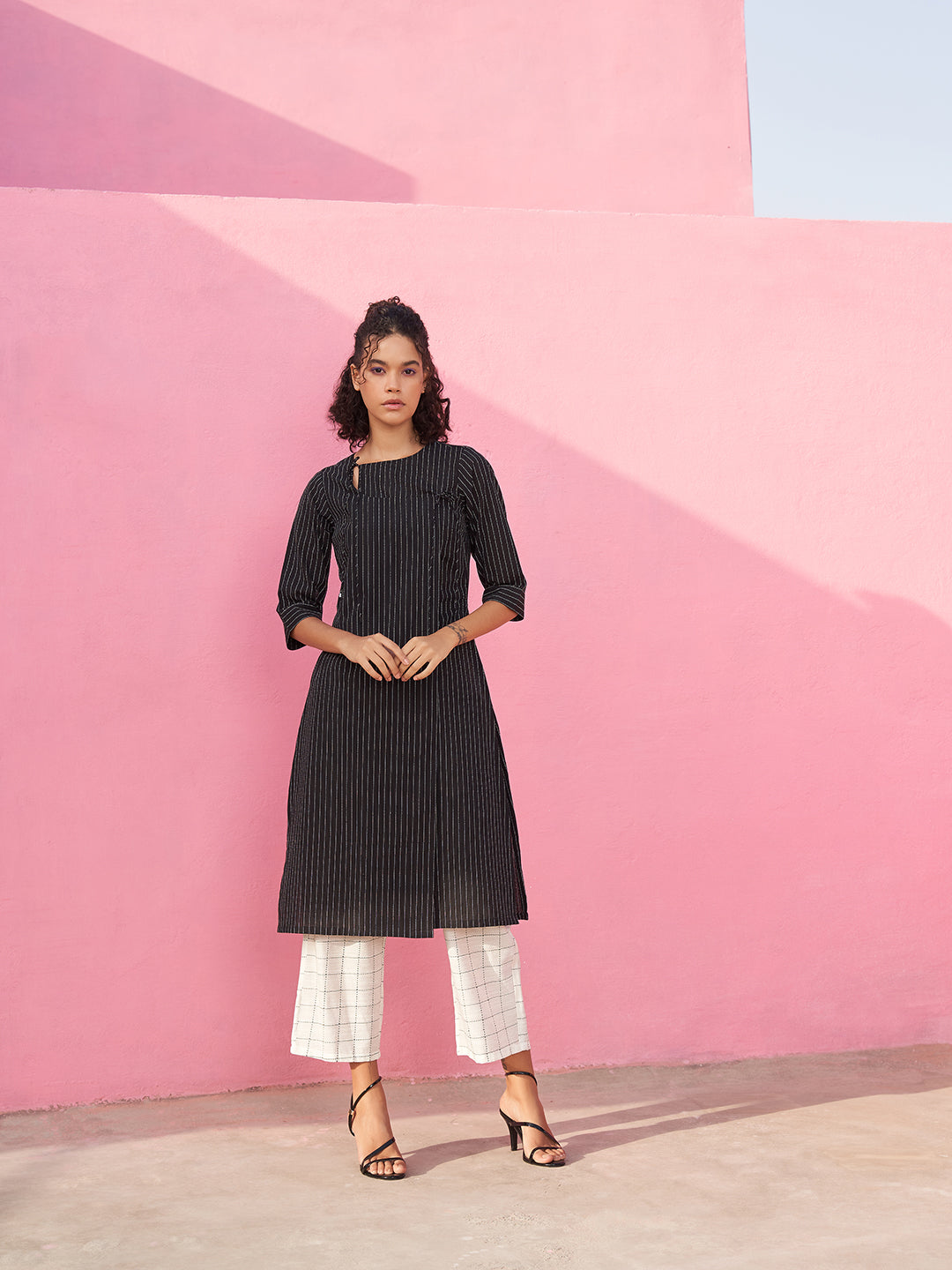 Kantha Stripe Kurta with Keyhole neckline