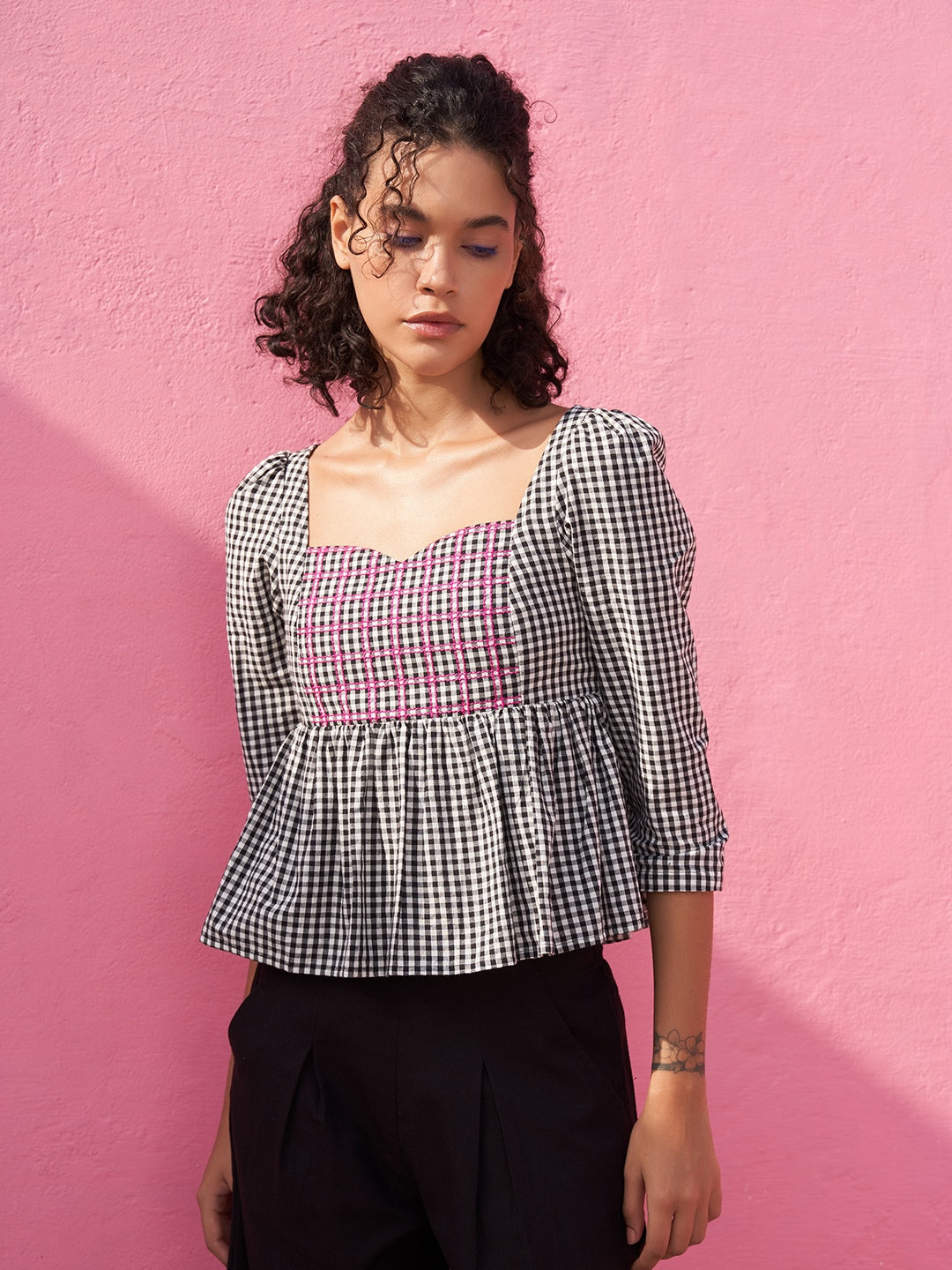 Peplum Top in Gingham Checks with Sweetheart Neckline