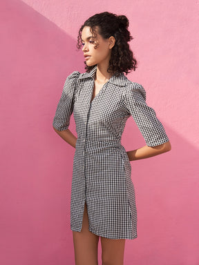 Gingham Checks Dress with Gathered Sleeve