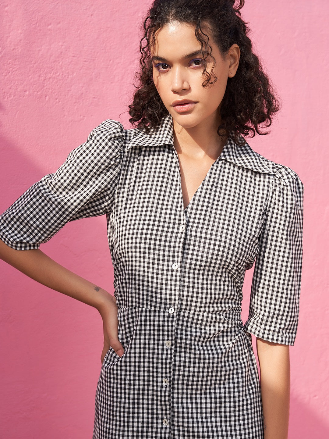 Gingham Checks Dress with Gathered Sleeve