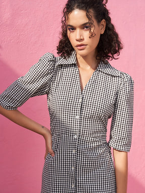 Gingham Checks Dress with Gathered Sleeve
