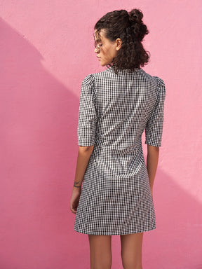 Gingham Checks Dress with Gathered Sleeve