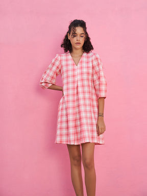 Box Pleated Dress with Lantern Sleeves
