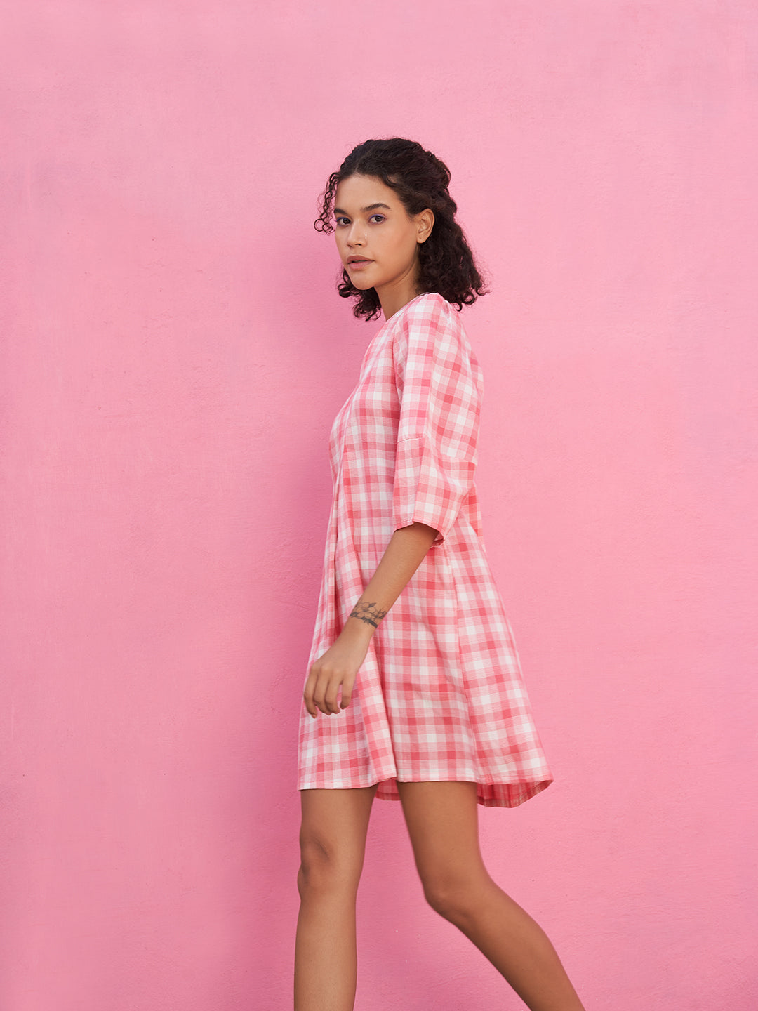 Box Pleated Dress with Lantern Sleeves