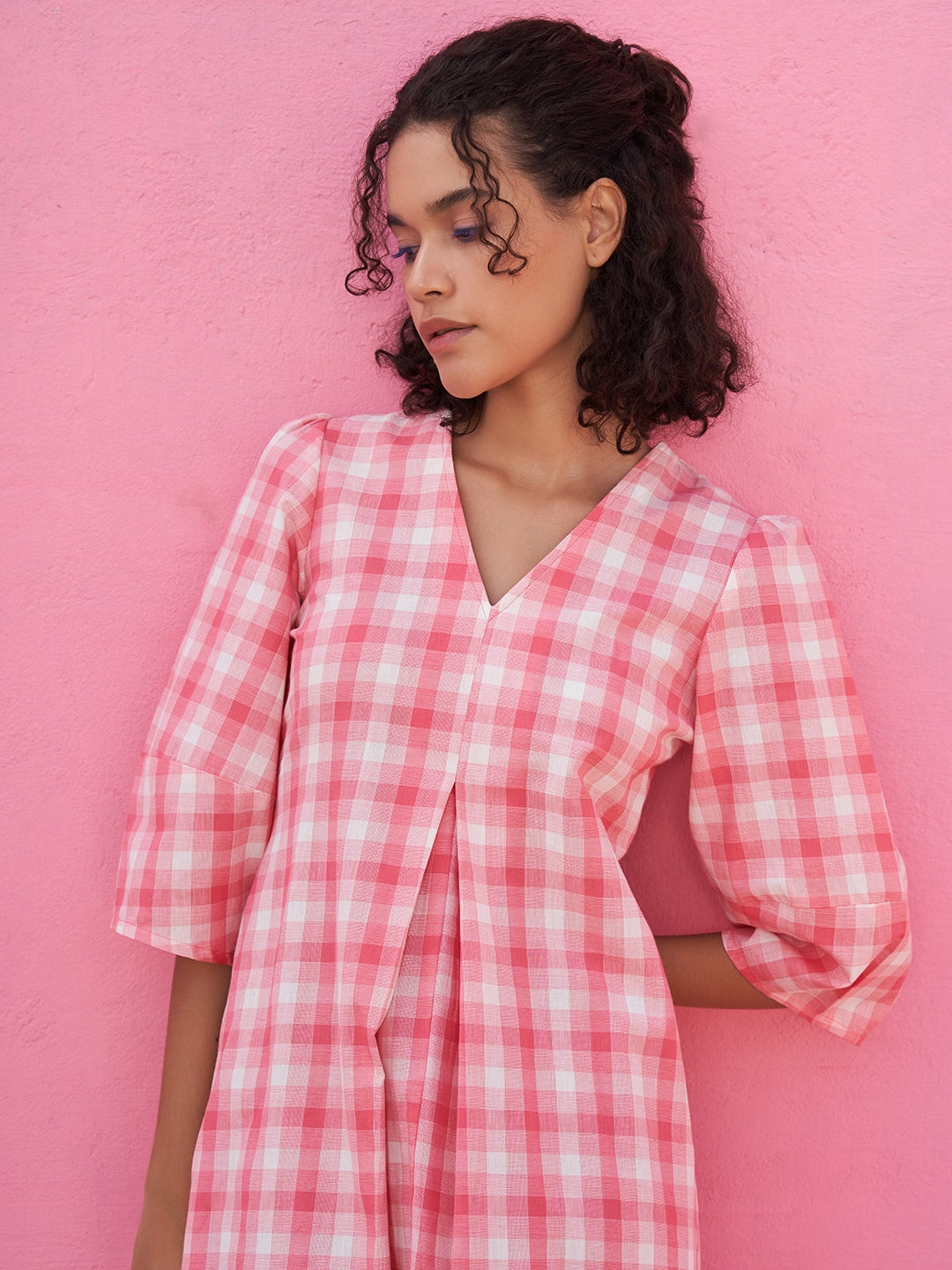 Box Pleated Dress with Lantern Sleeves