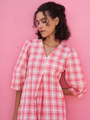 Box Pleated Dress with Lantern Sleeves