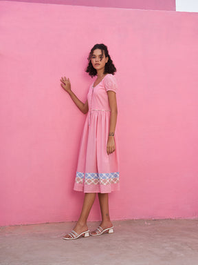 Front Button-up Self Check Dress