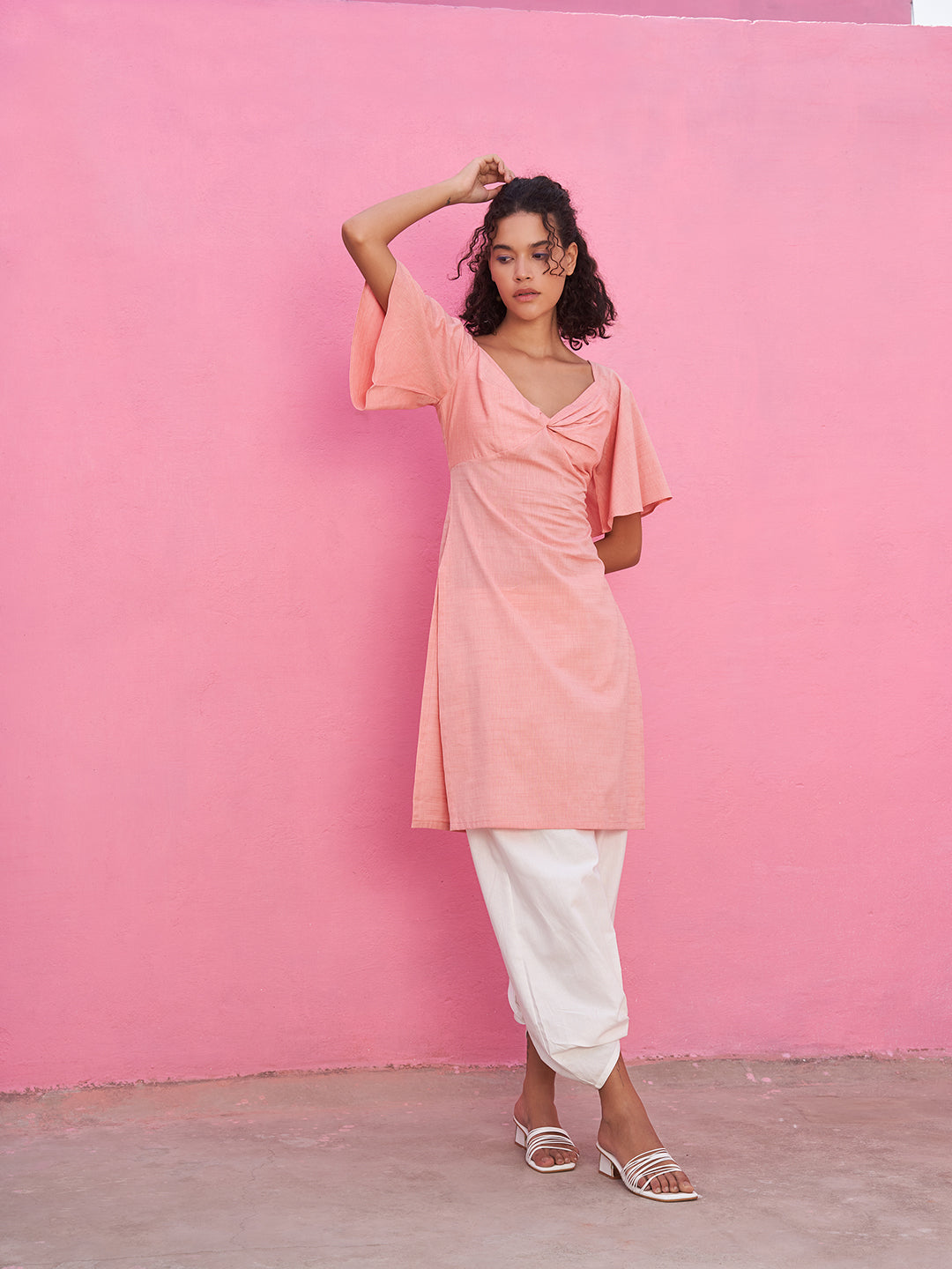 Knotted Rayon Slub Kurta with Bell Sleeves