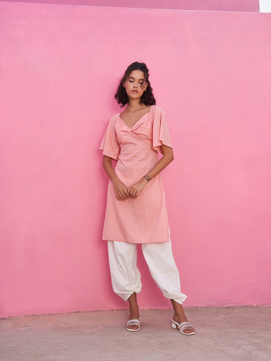 Knotted Rayon Slub Kurta with Bell Sleeves