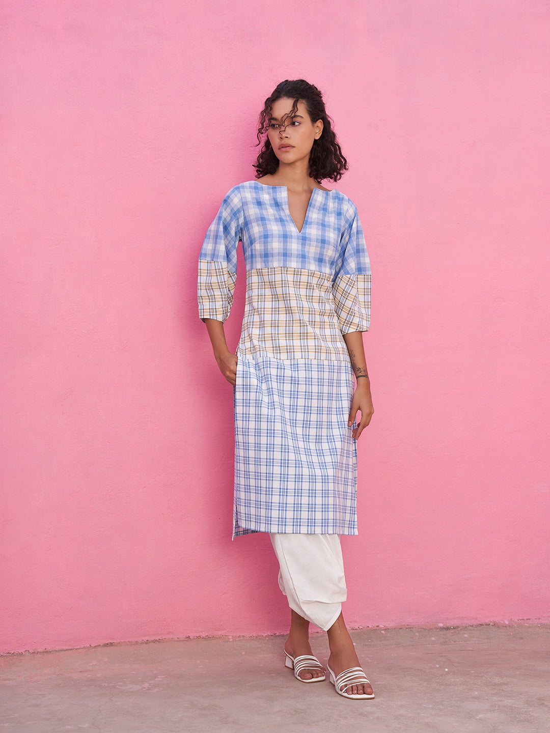 Multiple Checks Panelled Kurta with Boat Neckline