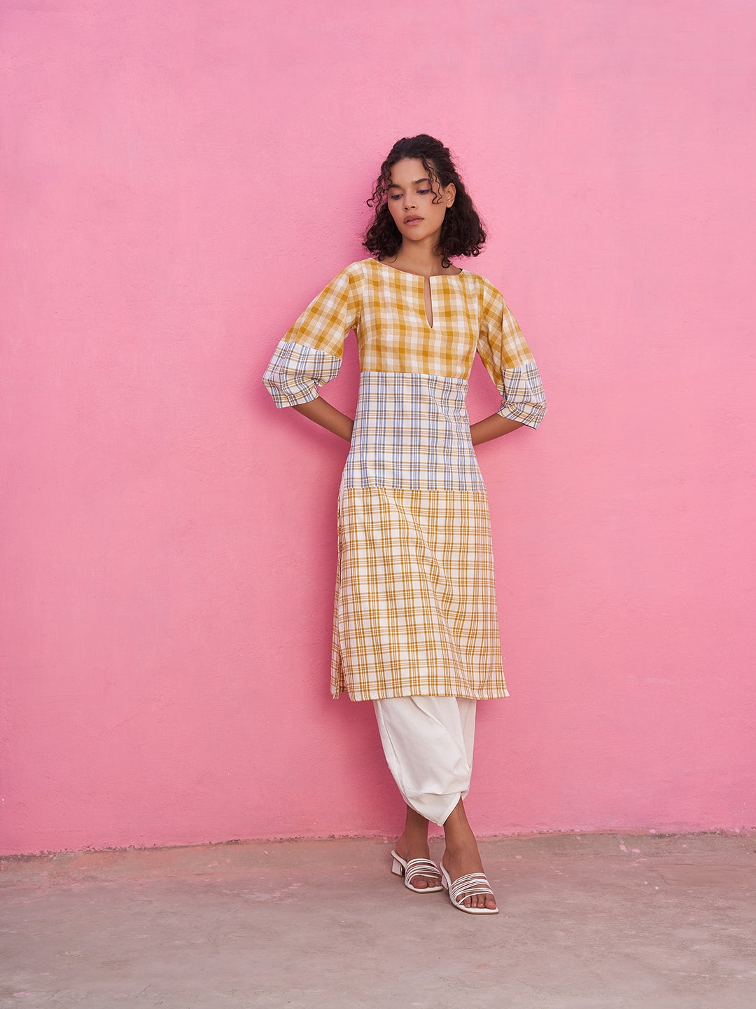 Multiple Checks Panelled Kurta with Boat Neckline