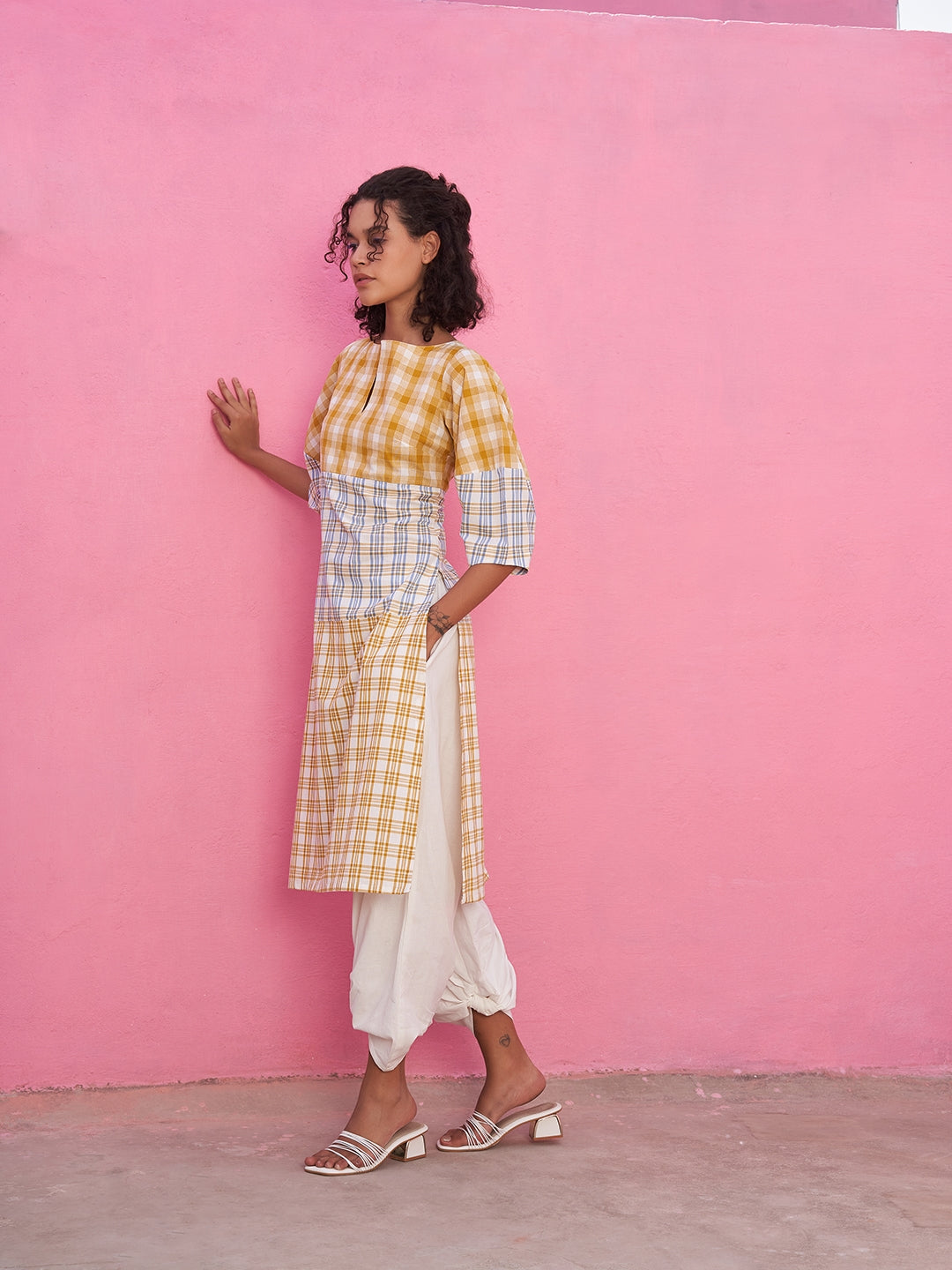 Multiple Checks Panelled Kurta with Boat Neckline