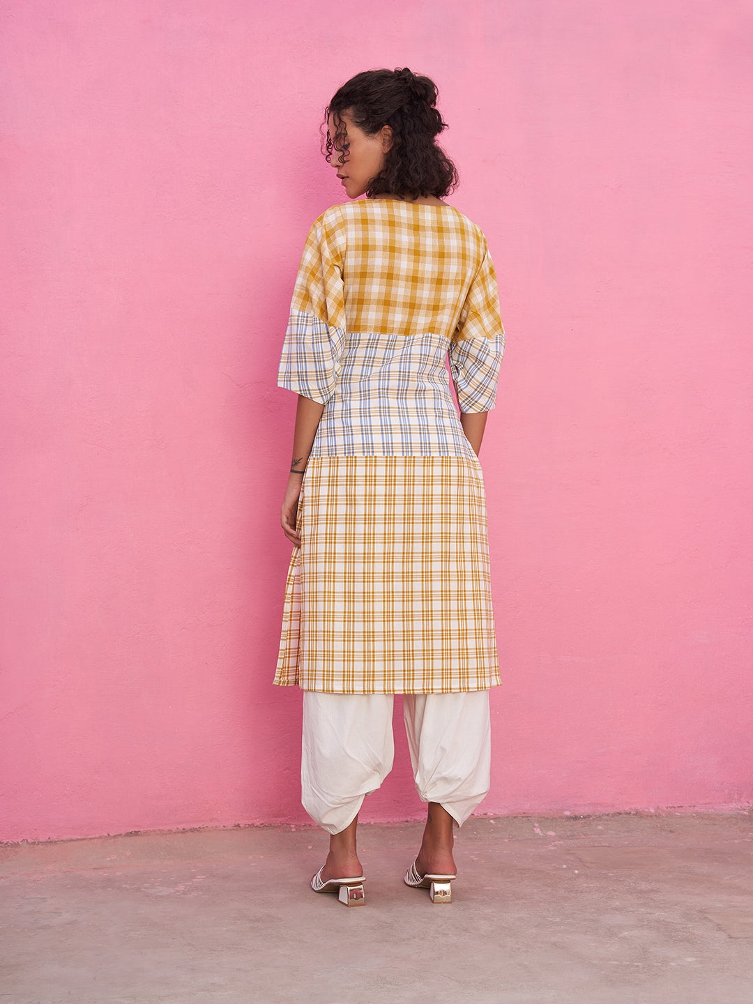 Multiple Checks Panelled Kurta with Boat Neckline