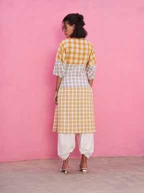 Multiple Checks Panelled Kurta with Boat Neckline