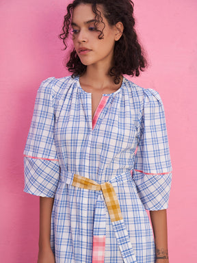 A- Line Plaid Check Dress with Lantern Sleeves