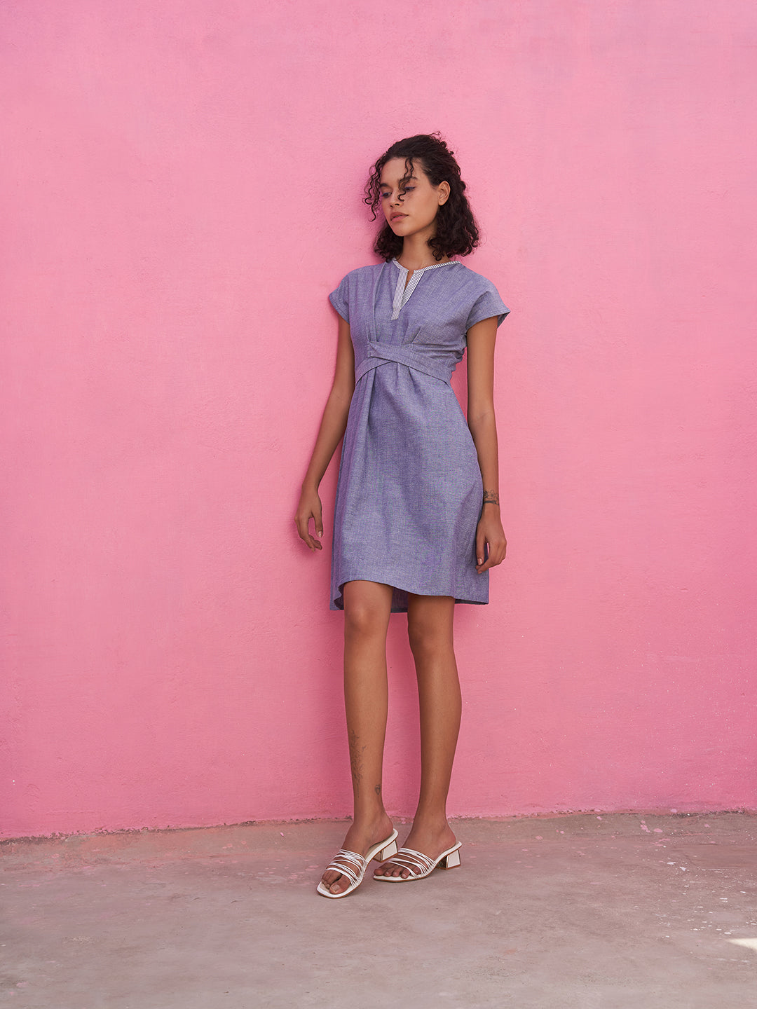 Cross Tie-up Chambray Dress with A-line Silhouette